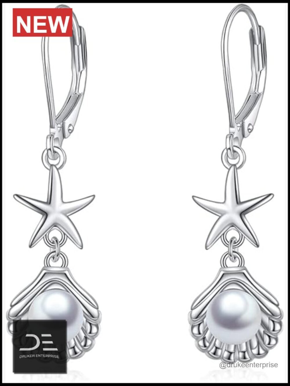 Sterling Silver Seashell Pearl Dangle Earrings Leverback Drop Beach Jewelry